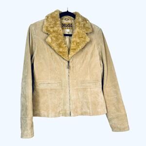 MUDD Woman’s  Y2K Tan Suede Leather Coat  Faux Fur Collar M